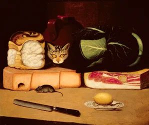Stillleben mit Katze und Maus, Primitive Schule, 1820